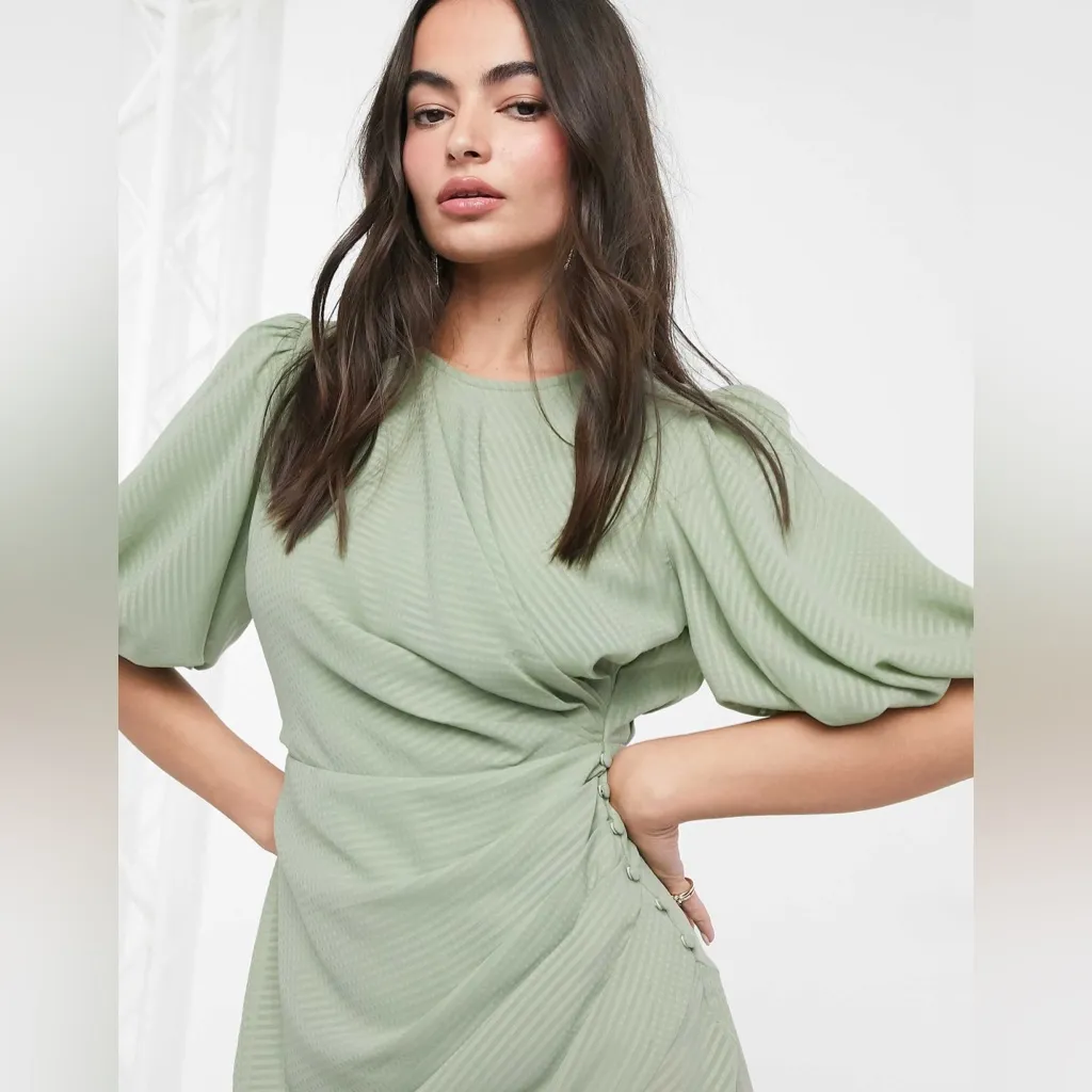 ASOS DESIGN ruched midi dress with puff sleeve check in sage green 2 - Image 3