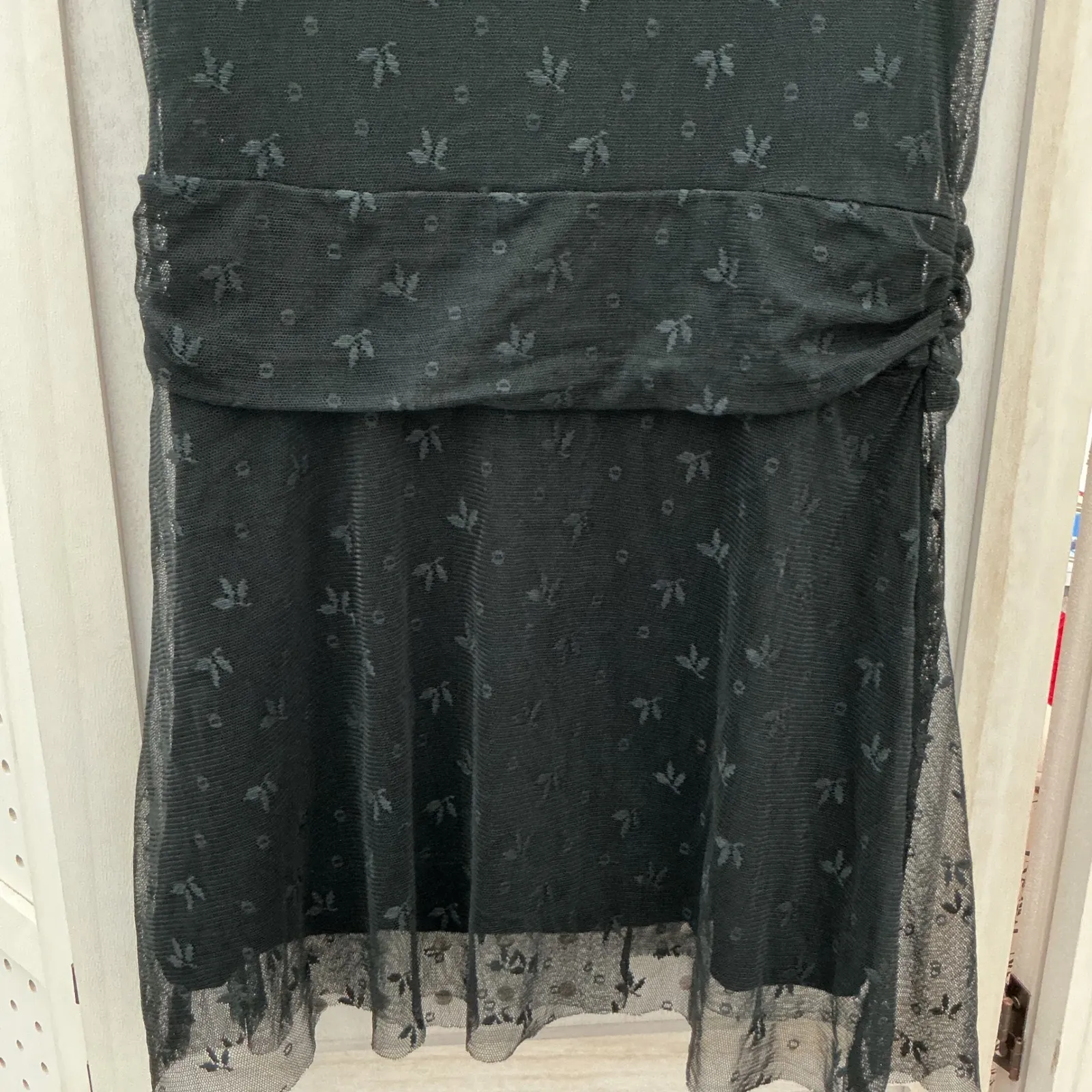 Black Sheer Mesh Top with Bow Detail and‎ Ruched Waist S M Size M - Image 3