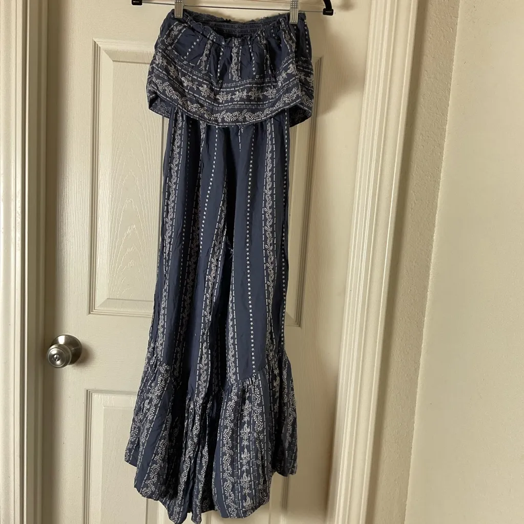 Japna smocked ruffle strapless jumpsuit wide leg palazzo romantic blue floral XS - Image 9