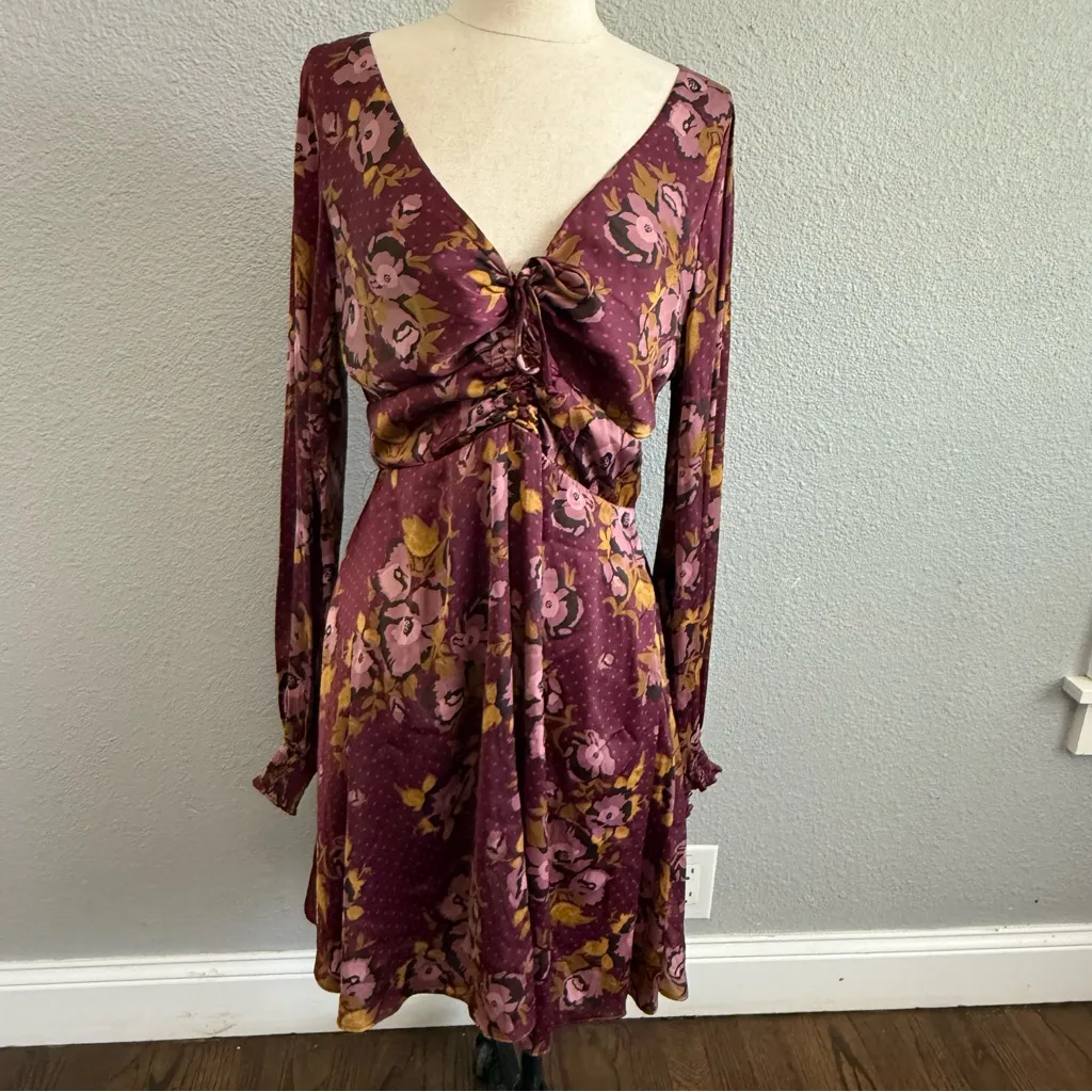 Free People Purple Gold Morning‎ Floral Mini Dress Size 12 Boho - Image 3