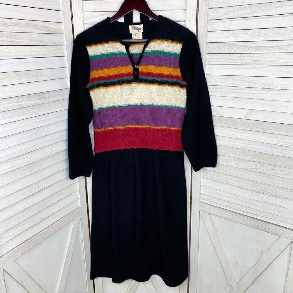 Vintage 70s DeJaVu Striped Knit Fit & Flare Dress Black Multi Medium Long Sleeve - Image 9