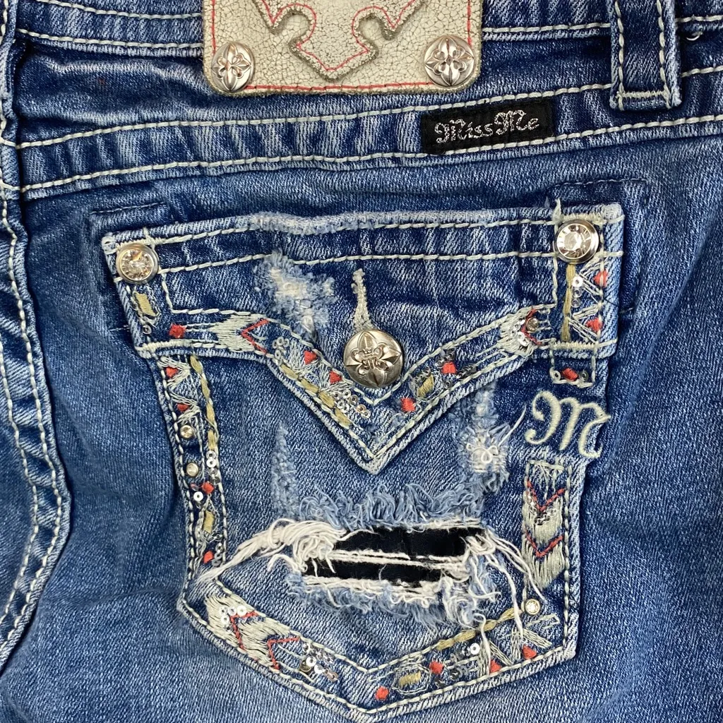 Miss Me Blue Denim Distressed Destroyed Embellished Mid Rise Curvy Shorts 31 - Image 3