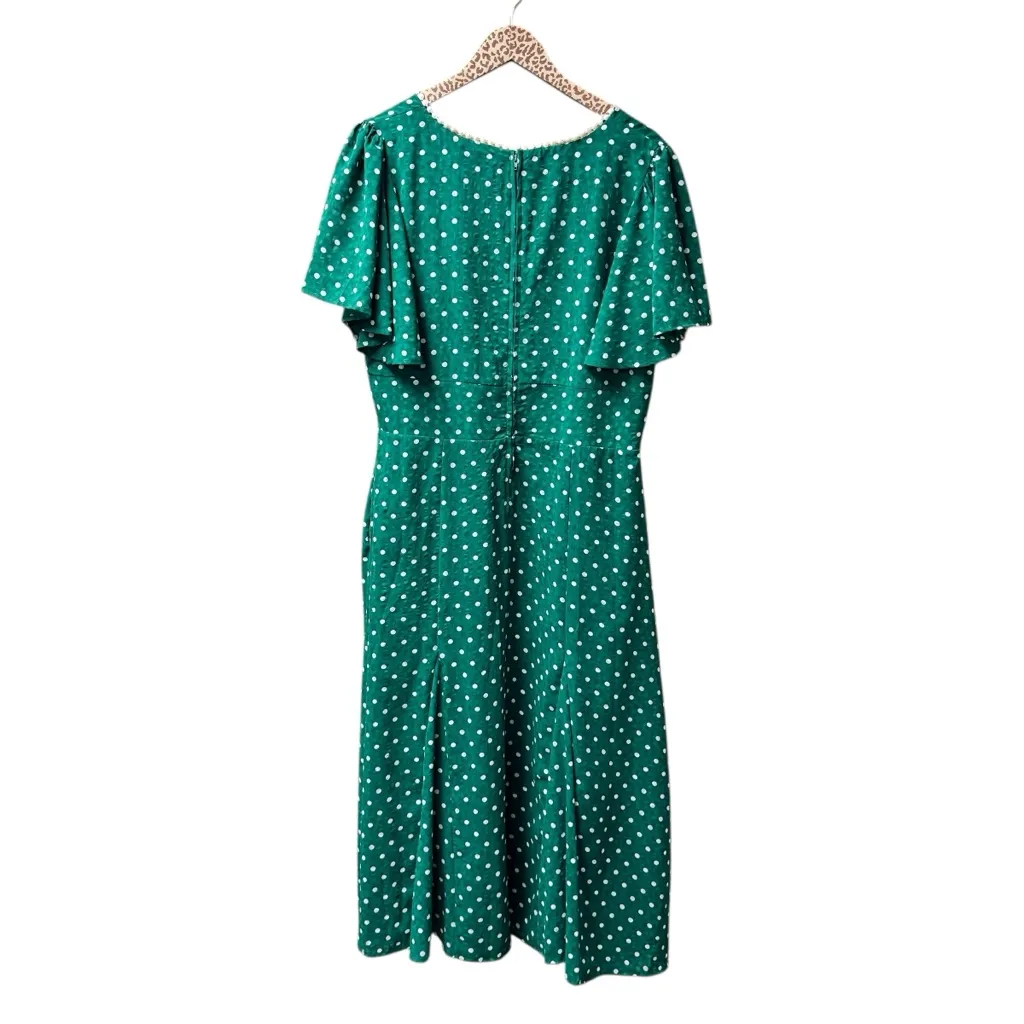 Unique Vintage Polka Dot Godet Short Sleeve Midi Dress Retro Green XL 14 - Image 3