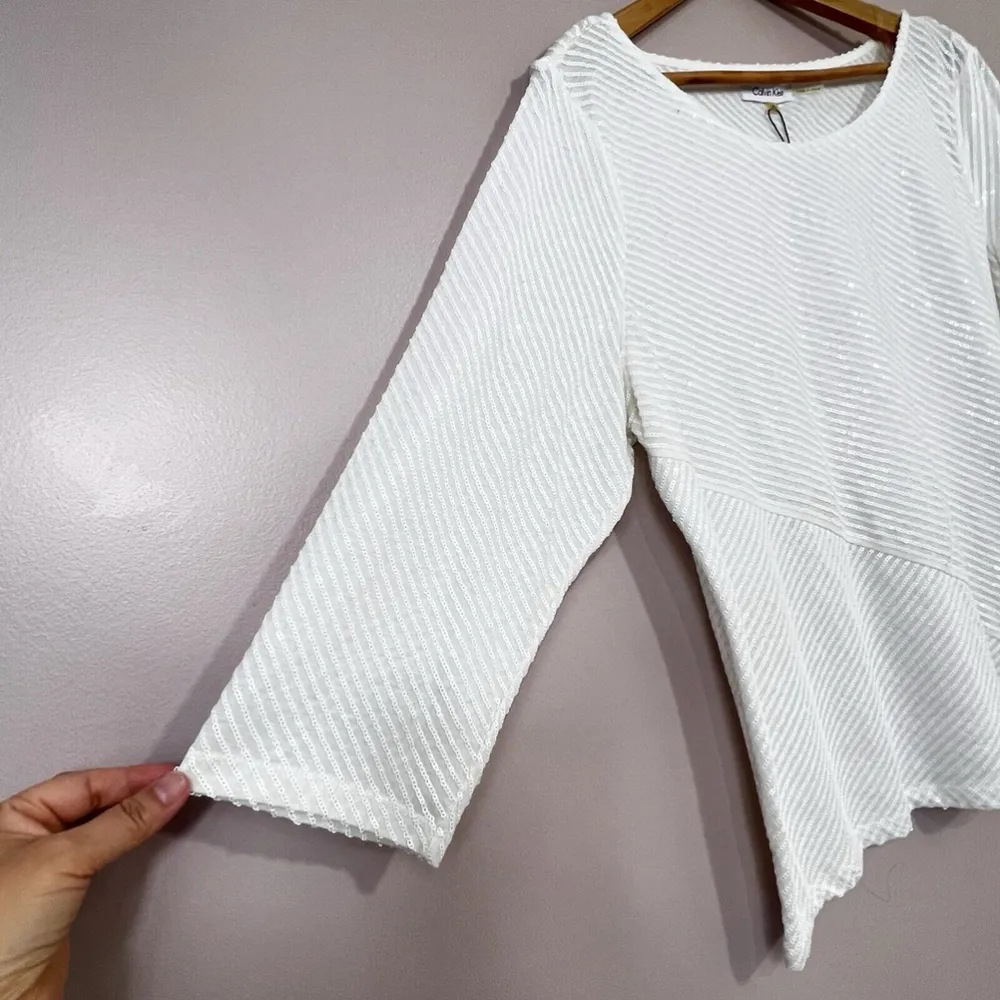 CALVIN KLEIN Women's White 3/4 Sleeve Crewneck Sequin Pullover Top XL Holiday - Image 3