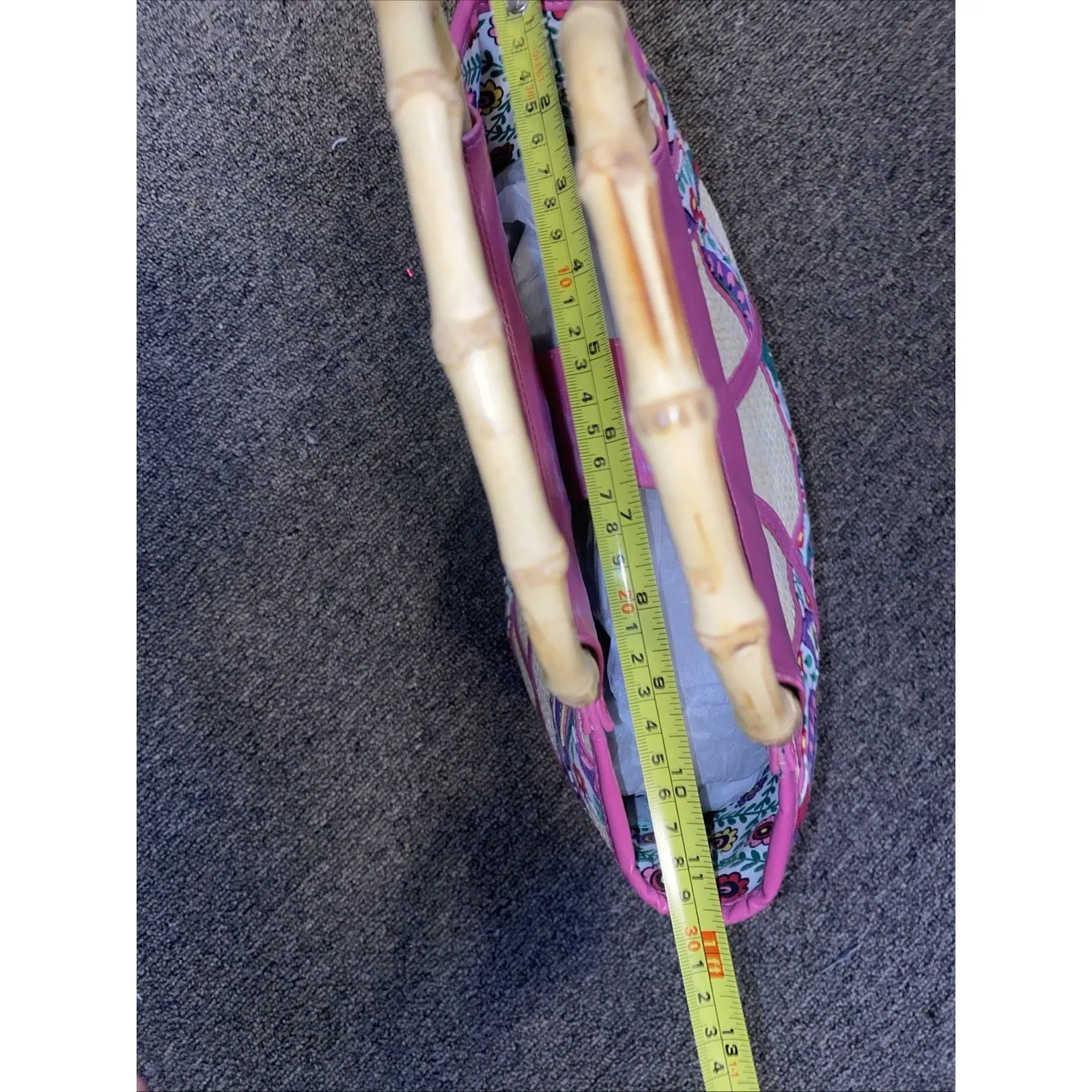 Viva La Vera Bradley Hand Bag Tote Bamboo Handle Pink Cream straw - Image 12