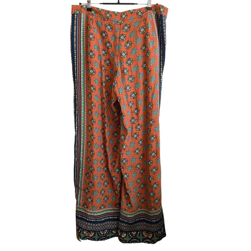 Elevenses Anthropologie Wide Leg Pants Size 12 Boho Flowy Orange Blue Casual - Image 3