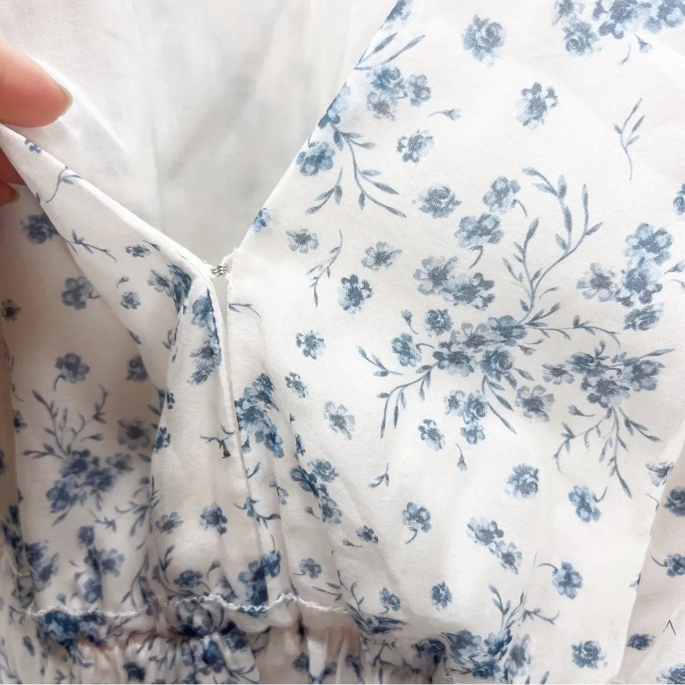 CAMI NYC Egle Dress Denim Flower Low Cut  White Floral Silk Revolve Small S - Image 10