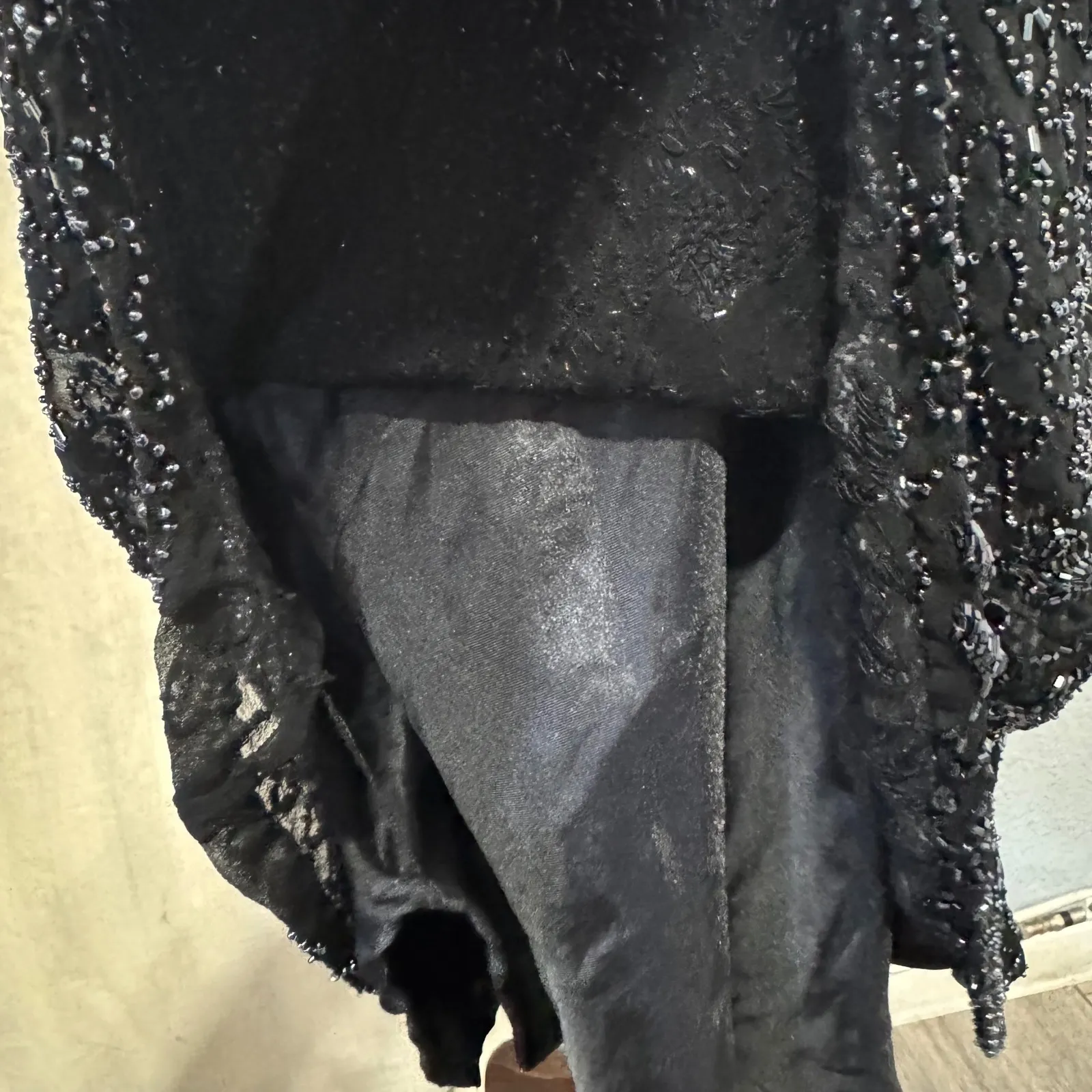 Scala Black Silk Beaded Sheer Illusion Neckline Cowl Back Formal Evening Dress M - Image 8