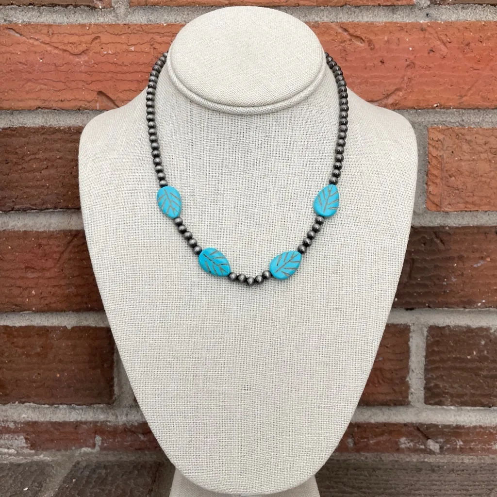 Navajo Style Pearl Necklace with Faux Turquoise Leaves Silver - Image 2