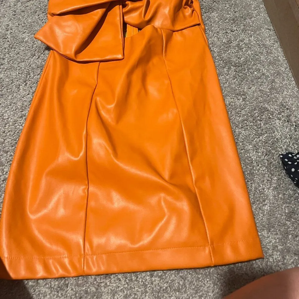 Glam orange Leather Bow Dress size small - Image 4
