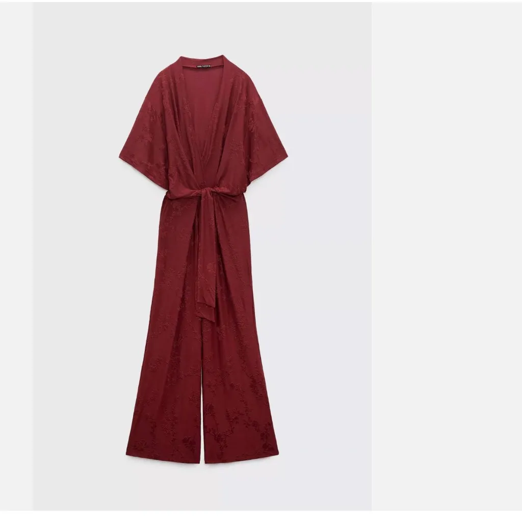 NWT  ZARA  LONG JACQUARD JUMPSUIT Burgundy - Image 8