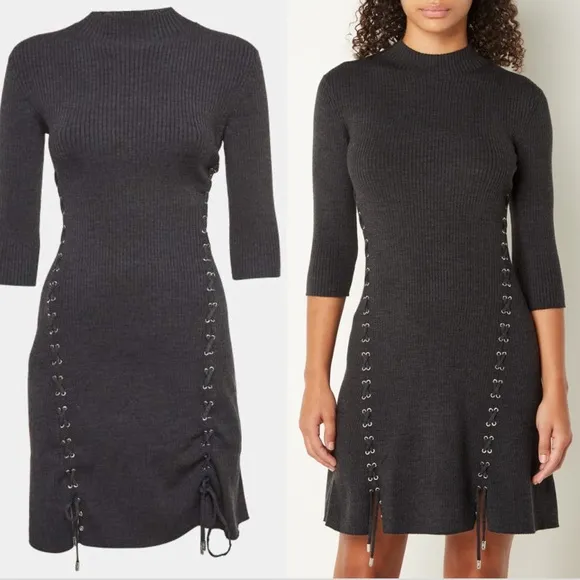 Maje Ribbed Knit Midi Dress Grey Acrylic Lace Eyelet Detail Three Quarter Sleeve - Image 2