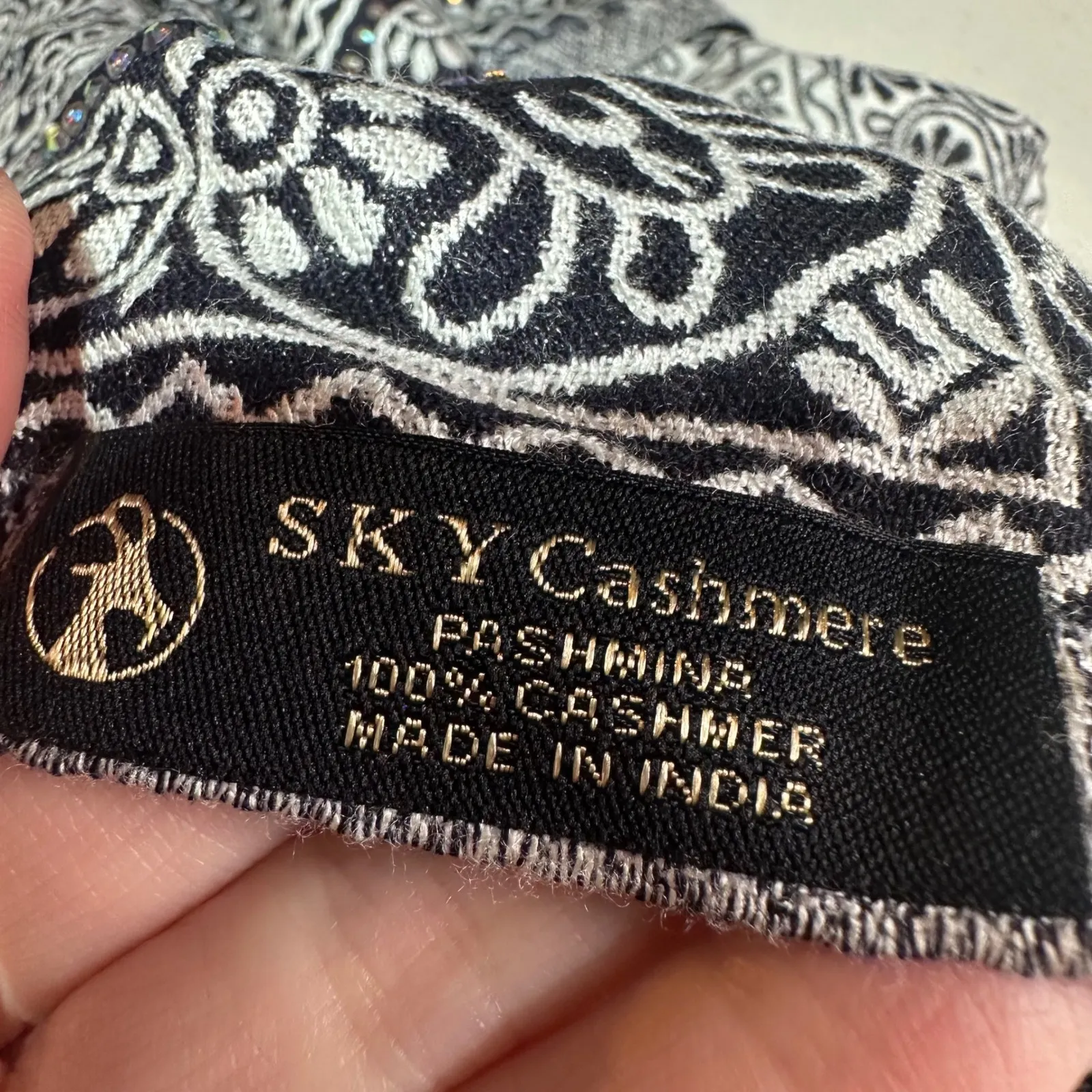 SKY Cashmere Pashmina Scarf Black White Paisley Embellished Sparkle Formal - Image 9