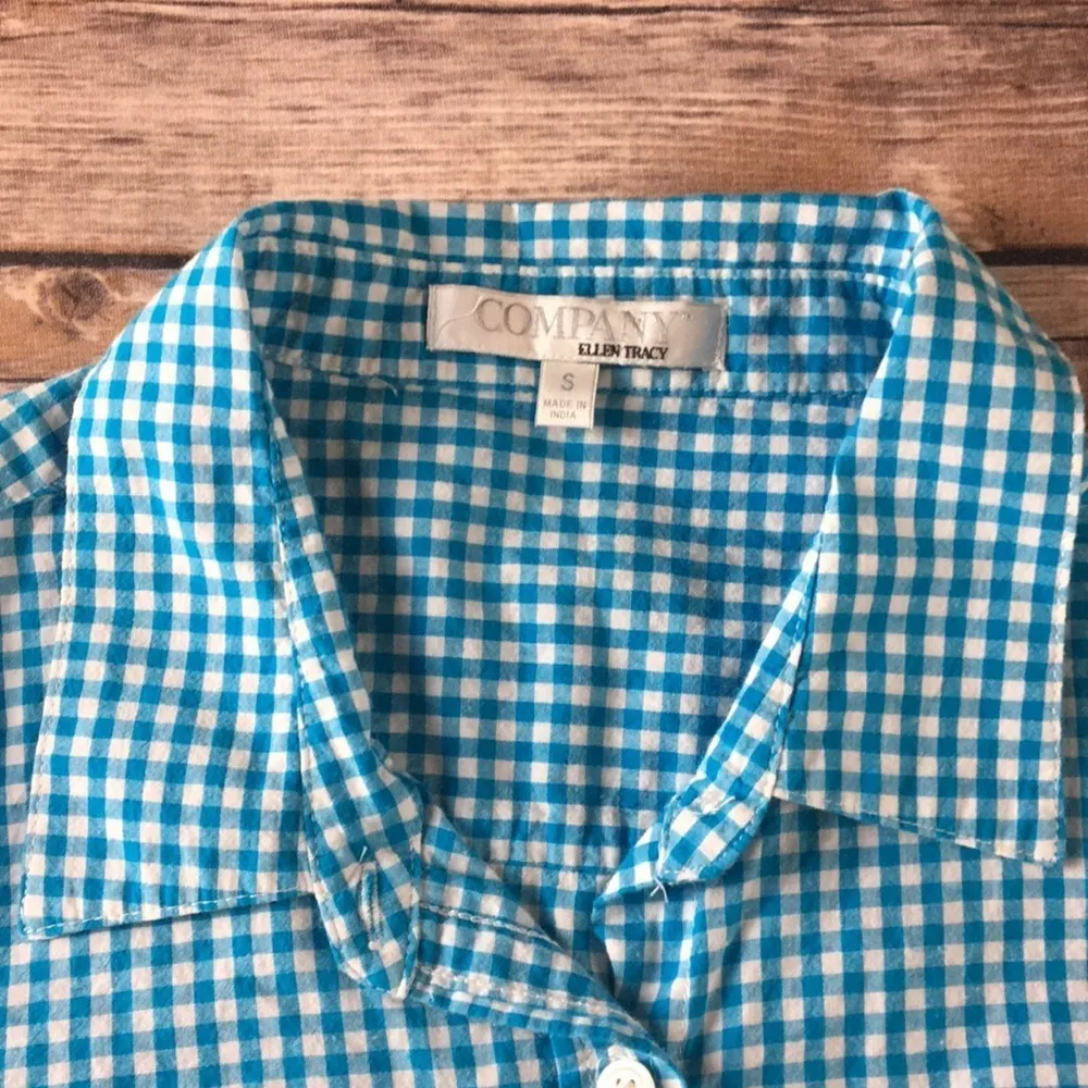 Ellen Tracy BLUE CHECKERED GINGHAM BASIC BUTTON UP LONG SLEEVE - Image 3