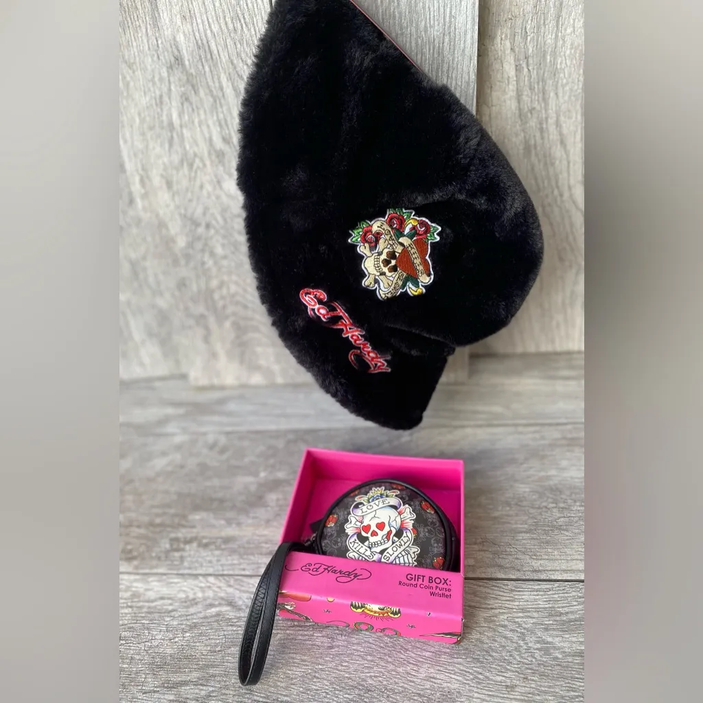 Ed Hardy Faux Fur Hat & Coin Purse Gift Set – Skull Tattoo Design - Image 7