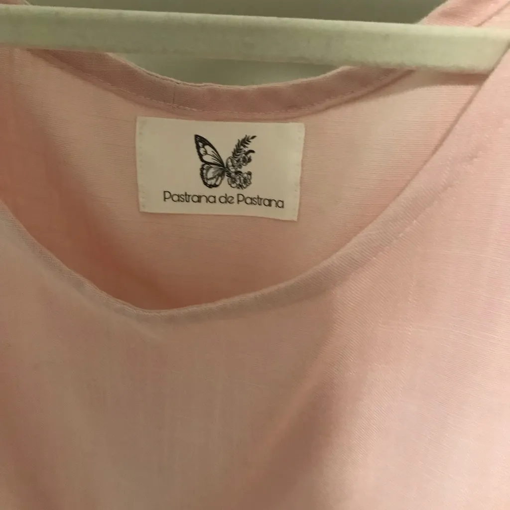 Women’s Sz L Handmade Light Pink Linen Blend Sleeveless Dress Floral Embroidery Size L - Image 3