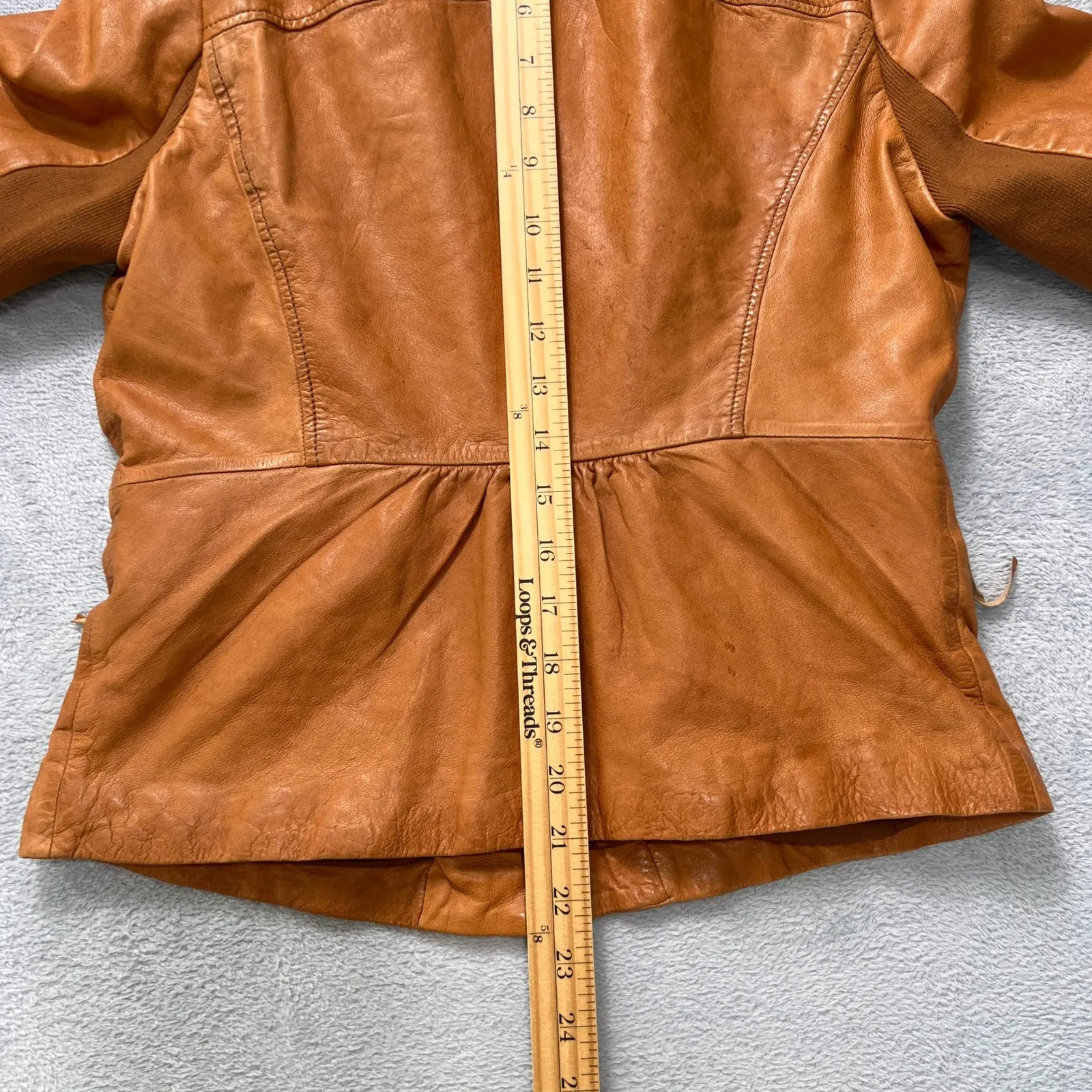 Hinge 100% Leather Jacket Womens‎ Small Tan Brown Zip Up Ruched Collar Peplum - Image 10