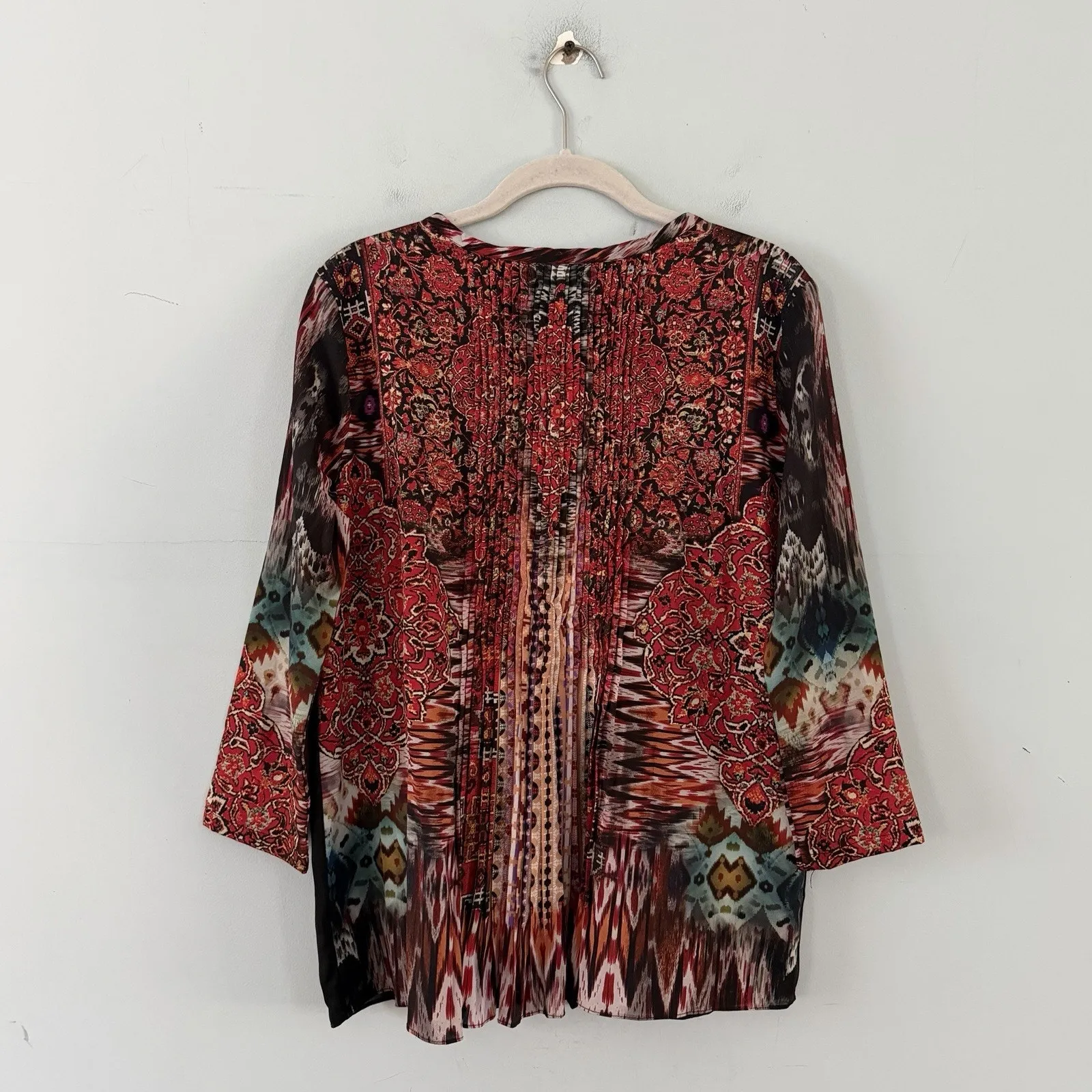 Ranna Gill Anthropologie Embroidered Spectral Print Pleated Peasant Top Black Size XS - Image 4