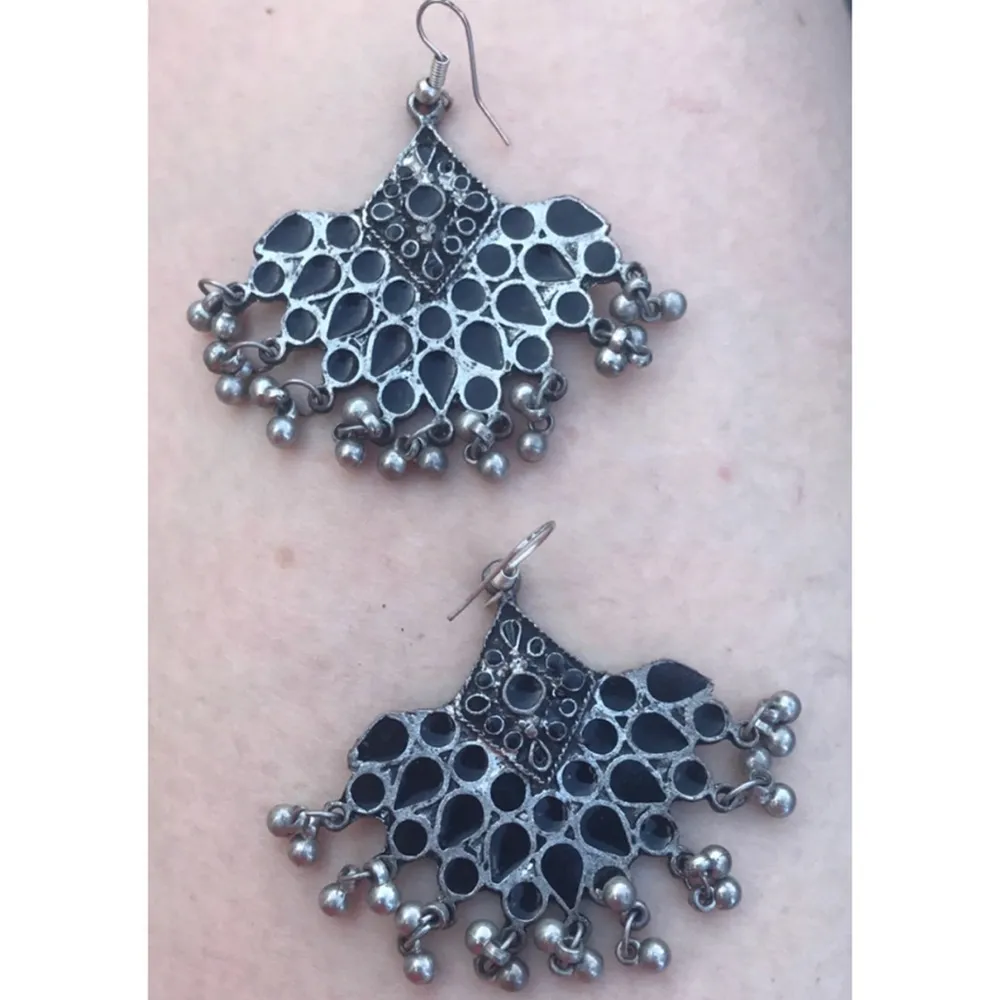 Peacock Black Floral Bell Charm Dangle Earrings - Image 2