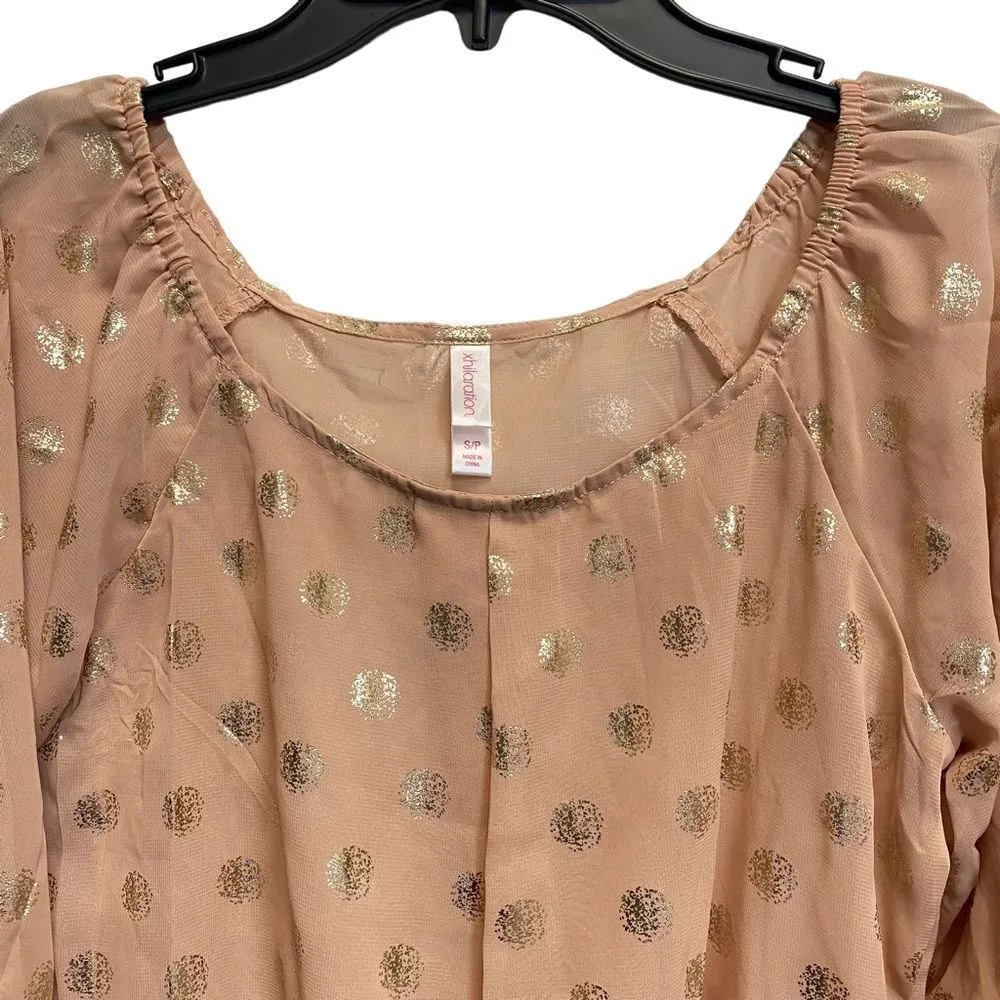 Y2K Off Shoulder Light Pink Golden Polka Dot Long Sleeve Top Blouse See Through - Image 4