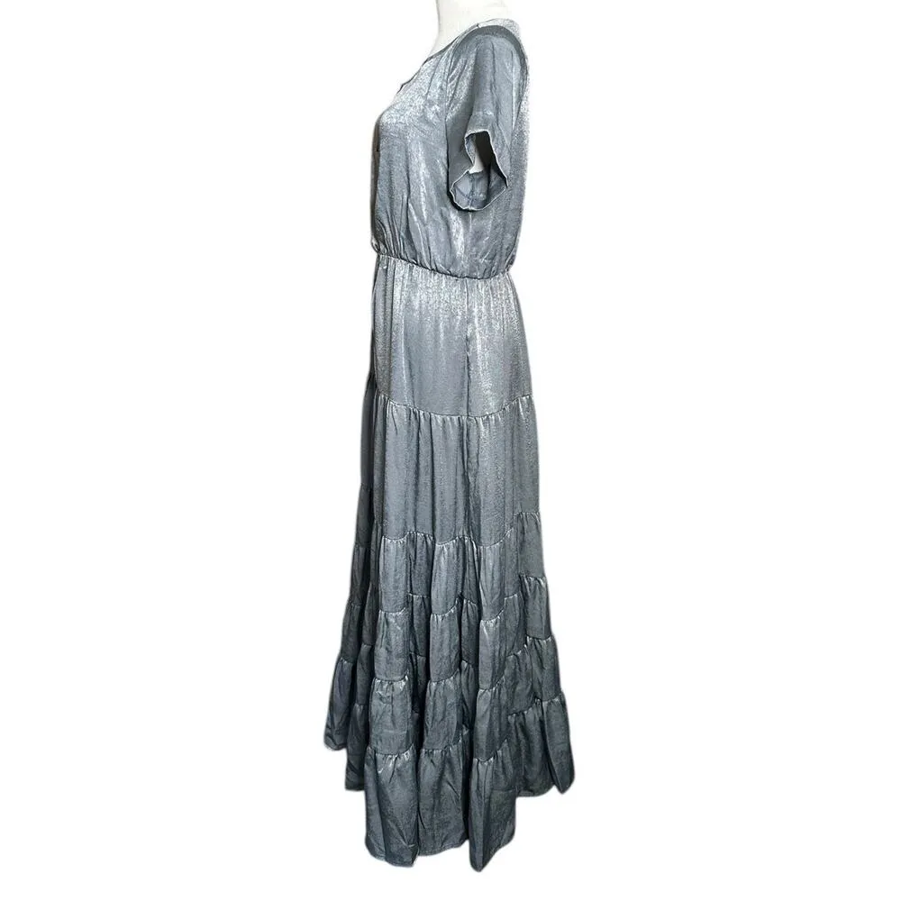 Joyfolie Mia Joy Tiered Boho Maxi Dress Flowy Vtg Inspired Hippie Gray Silver XS - Image 5