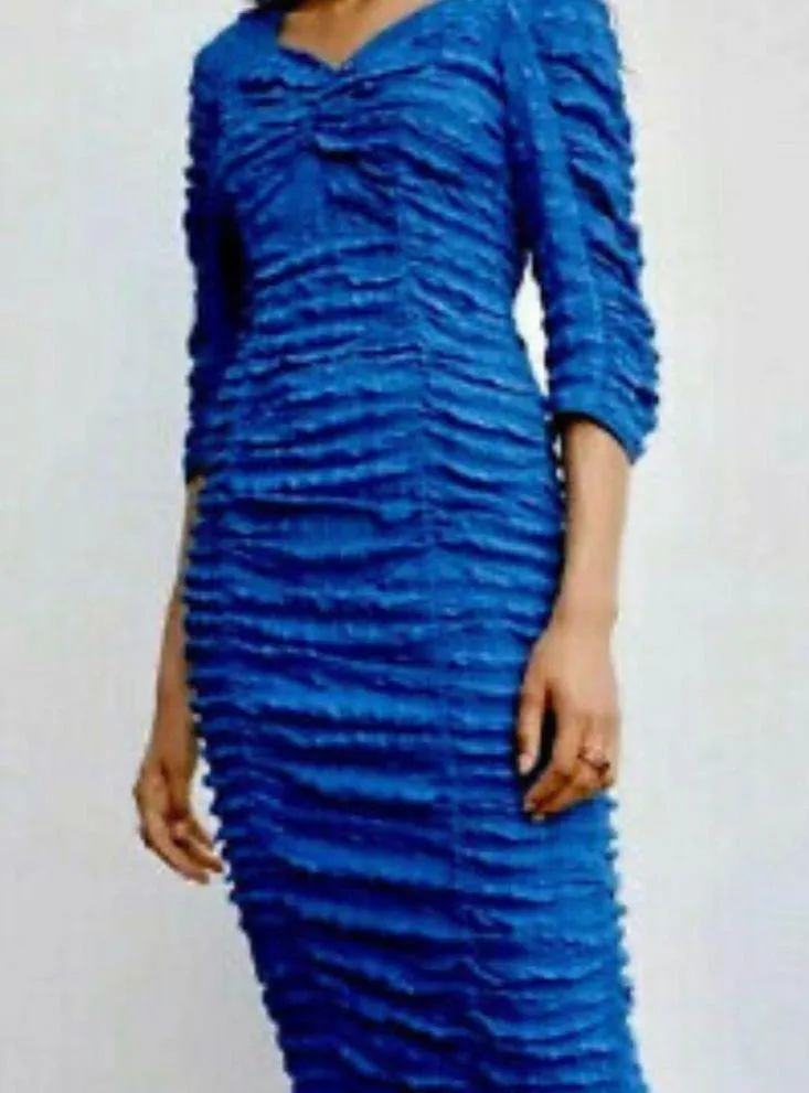 Zara Bright Blue Ruched  Bodycon Midi Dress  Bloggers Favorite Size L - Image 4