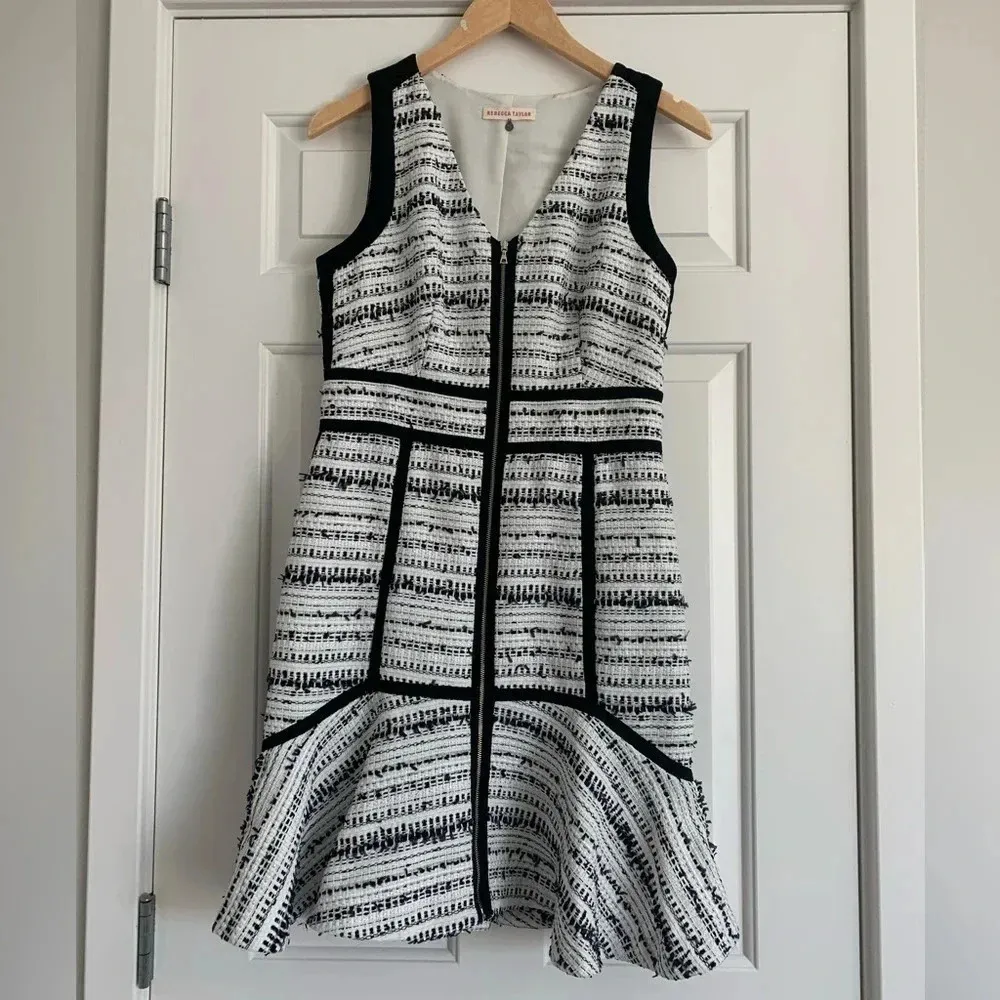 Rebecca Taylor Raffia Tweed Full Front Zip Dress - White/Black - Size 8 - EUC - Image 4