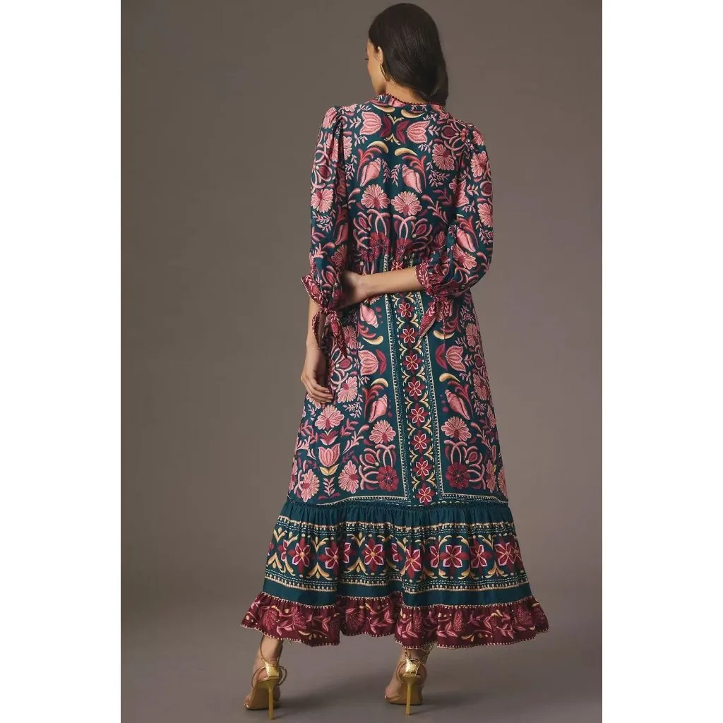 NWOT Farm Rio Floral Beads Tie Printed Tunic Ruffles Maxi Dress Size XS - Image 3