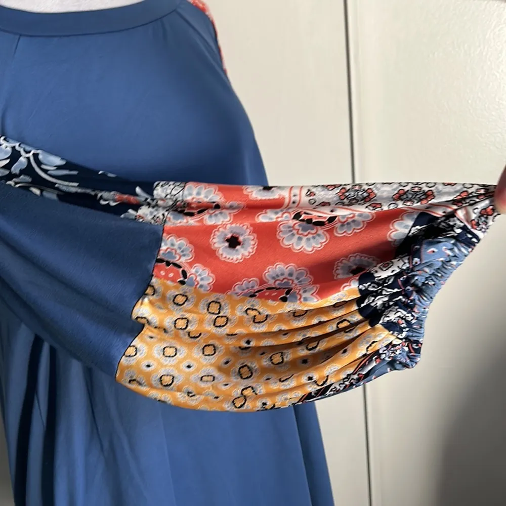 New Boho Balloon Sleeve Color Block Patchwork Jersey Knit Top Long Sleeve Blouse Blue Size L - Image 10