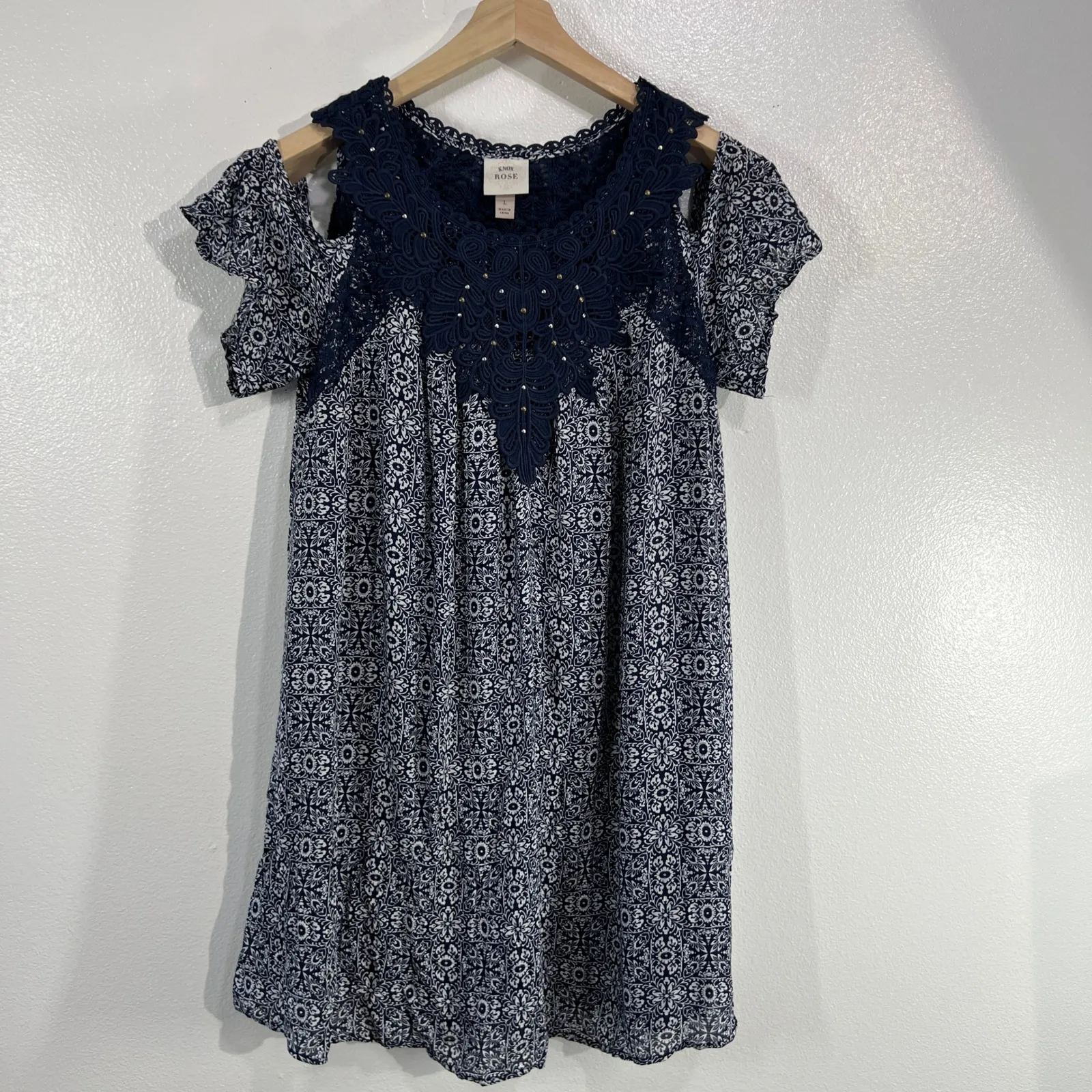 Knox Rose Boho Cold Shoulder Dress Blue Lace Yoke Rayon Large Lined‎ Festival - Image 2