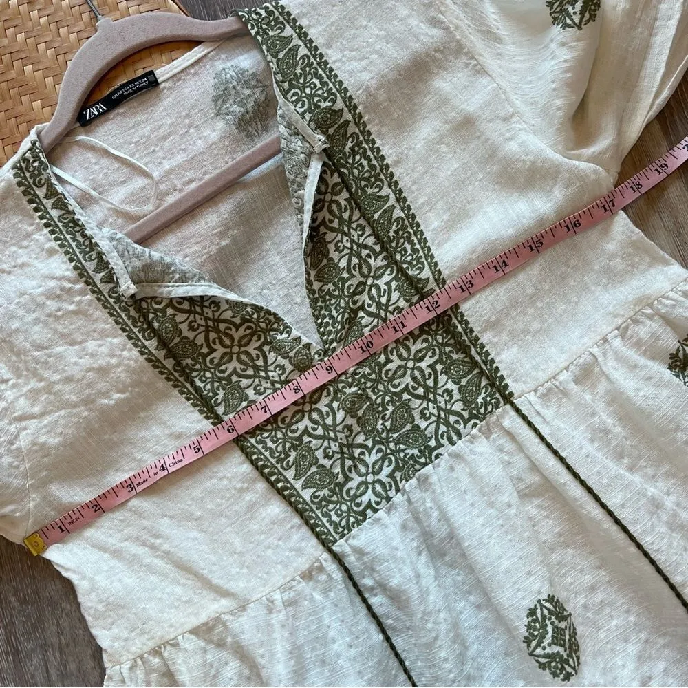 Zara green printed rustic blouse‎ boho women’s size xs - Image 4