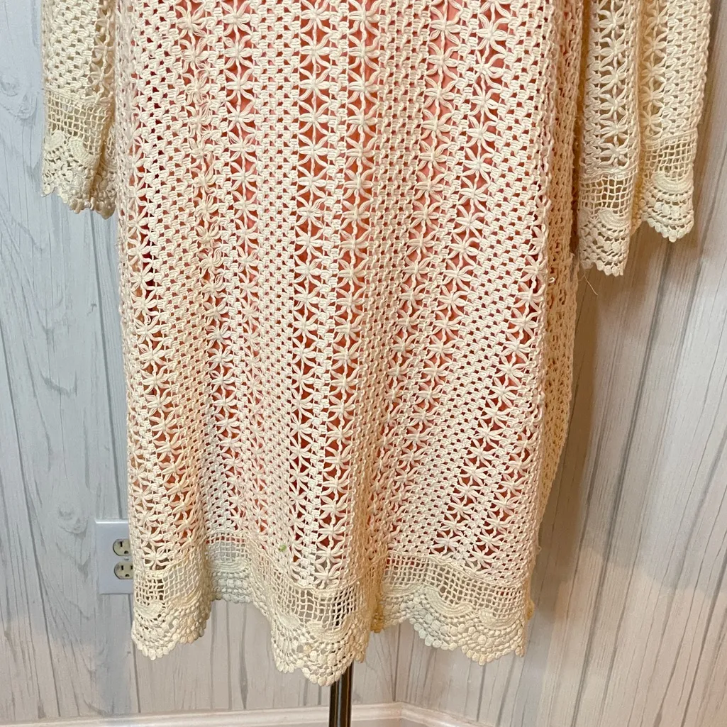 UMGEE Crochet Shift Dress 3/4 Sleeve Cream with Peach Show-Thru Lining, XL - Image 3