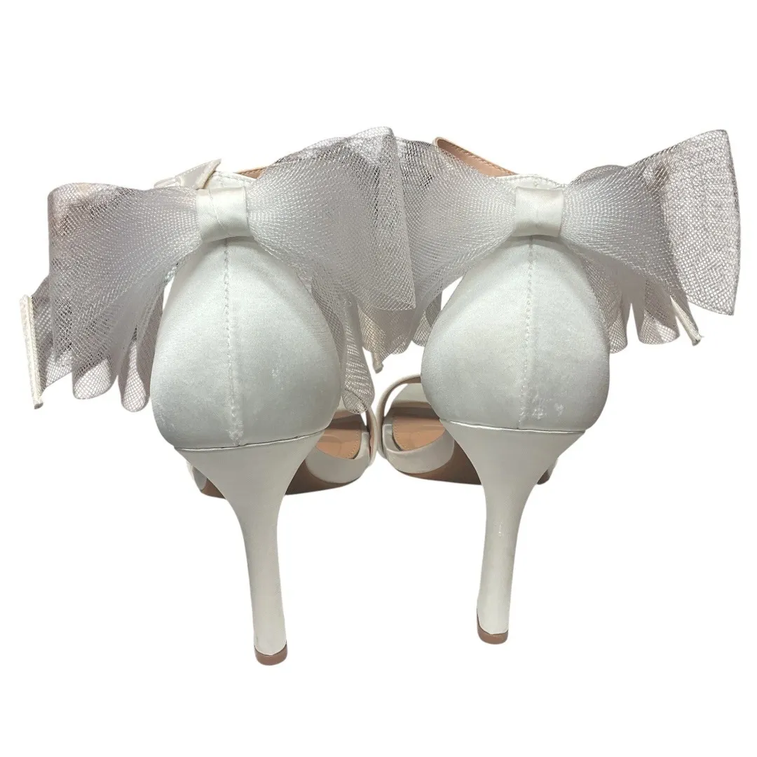 Kelly‎ & Katie Nemira Bow Detail Round Toe Ankle Wrap Strap White Satin Heels 9M - Image 8