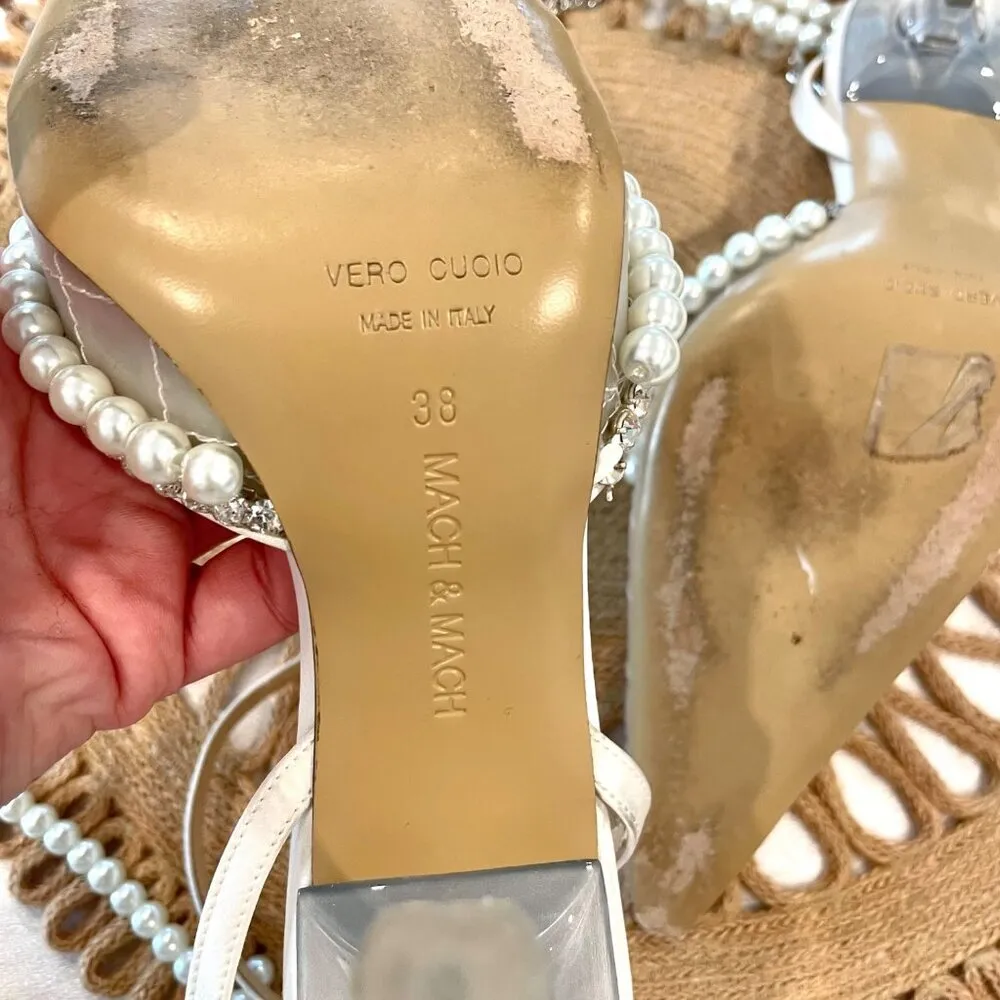 Mach & Mach Bow of Elizabeth Iridescent Faux Pearl Sandals Size 38 White - Image 9