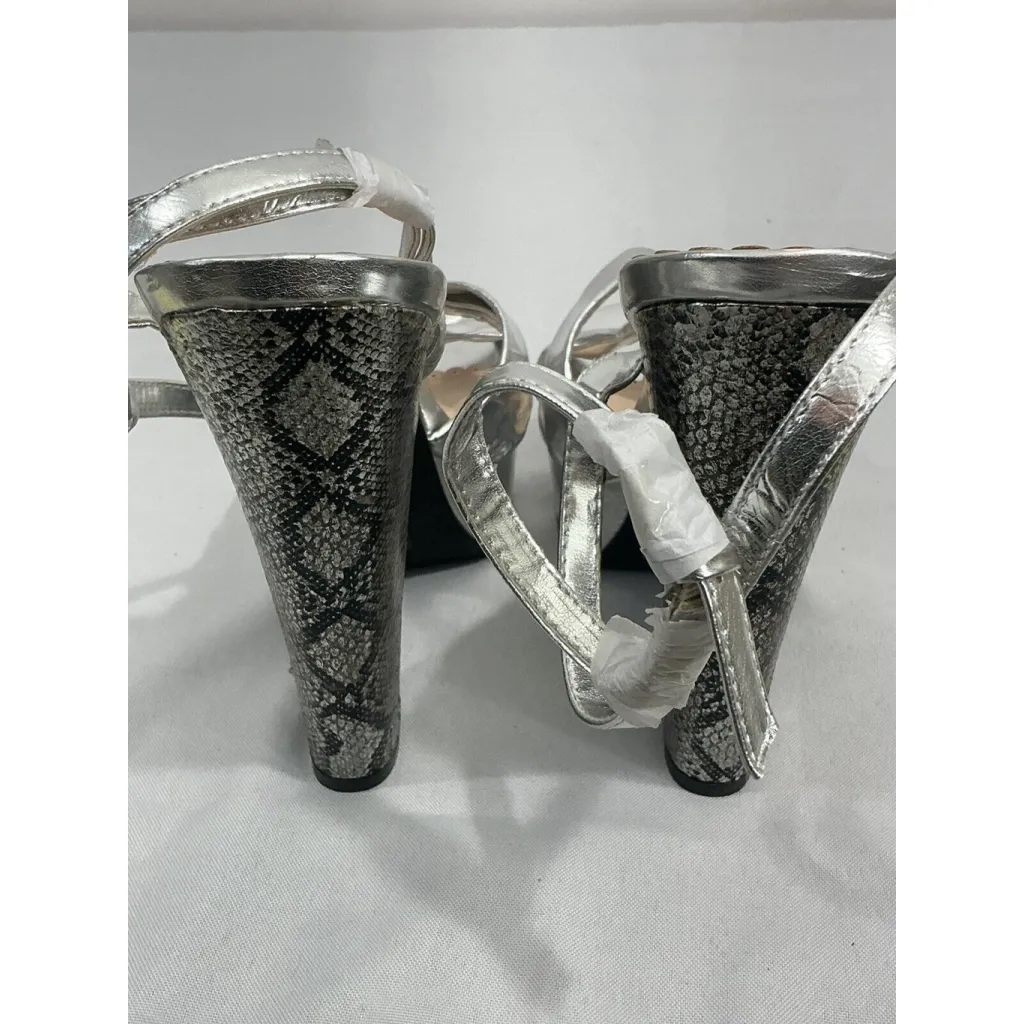 Womans Madison By Shoe Dazzle 9.5 M Silver Strappy Platform Snake Print Heels - Image 5