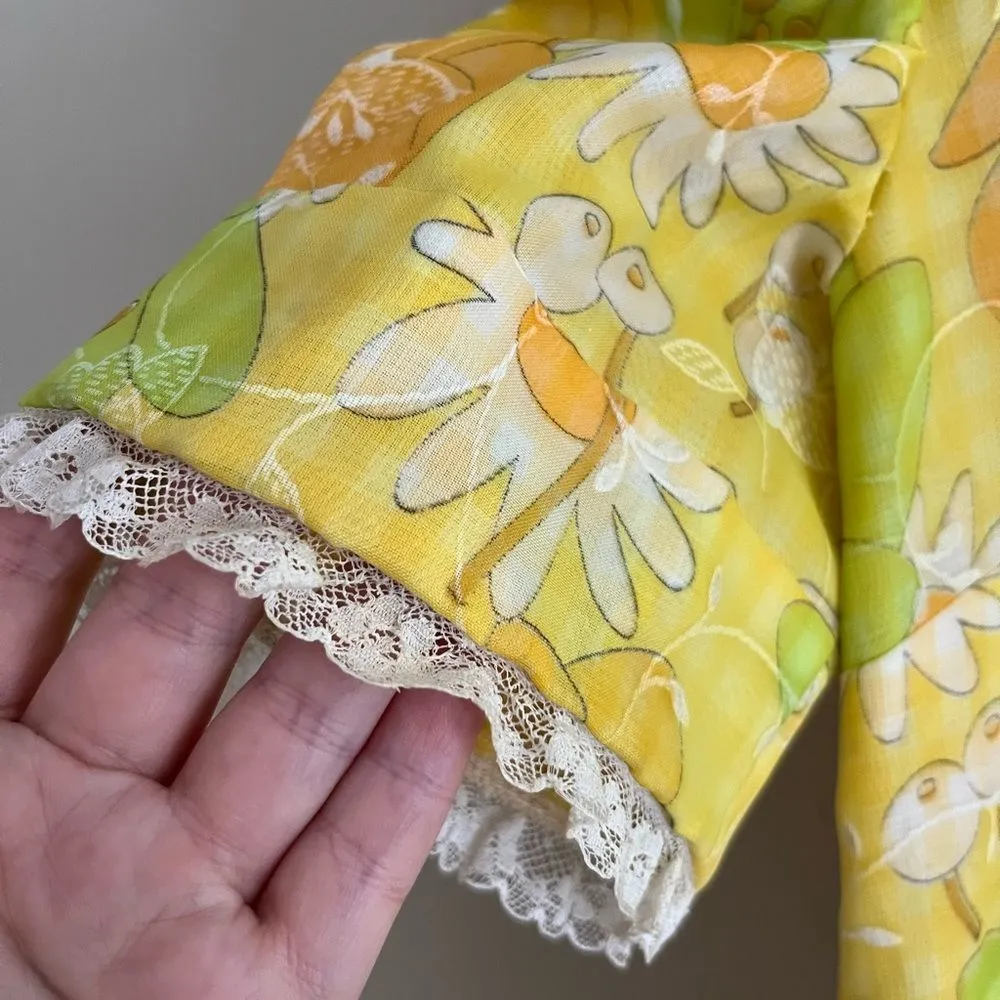 VINTAGE 60s 70s Yellow Floral Prairie Maxi Dress Puff Sleeve Square Neck Daisy S - Image 5