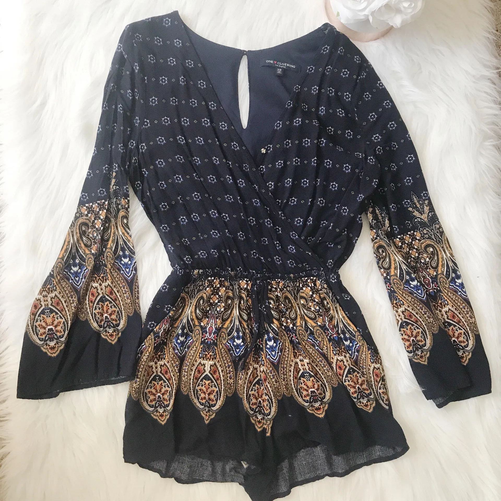 One Clothing Blue & Gold Printed Long Sleeve Romper - Image 2