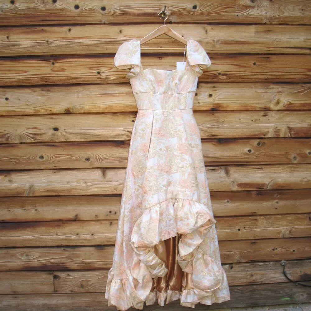 Mac Duggal 68276 Womens FLORAL PRINT PUFF SLEEVE HIGH LOW BROCADE GOWN - Image 6