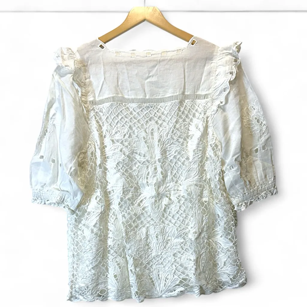 Sundance Shirt Women Large White Cream Lace Embroidered Puffy Sleeve Boho Classy - Image 4