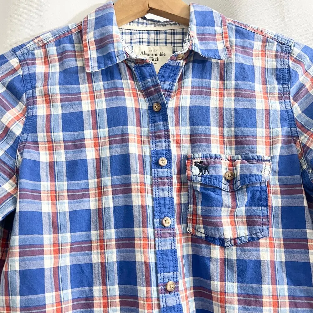 Abercrombie & Fitch SMALL Blue Plaid Relaxed Fit Button Up Shirt Long Sleeve - Image 3