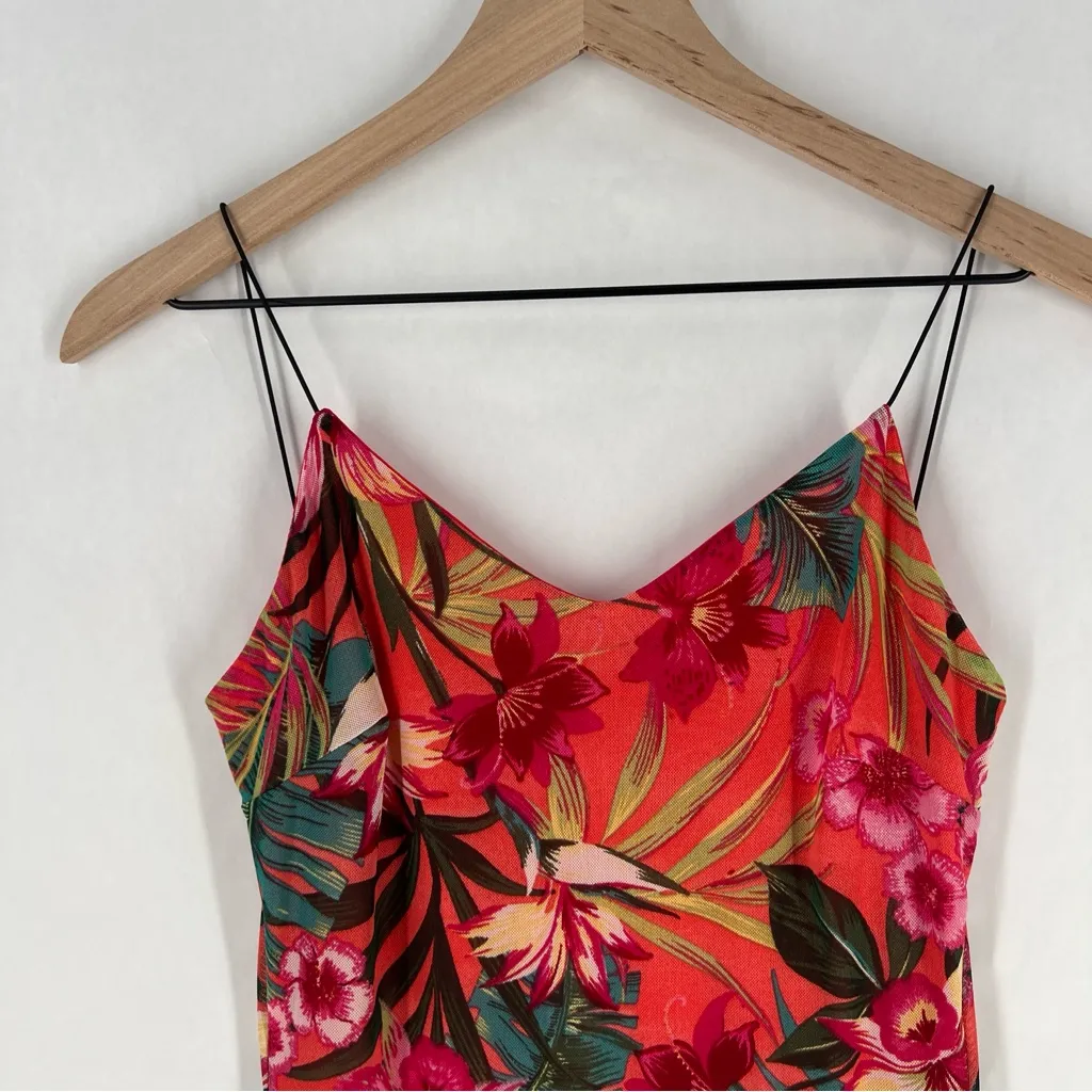 Papaya Coral Green Mesh Tropical Floral Print Spaghetti Strap V-Neck Mini‎ Dress - Image 2