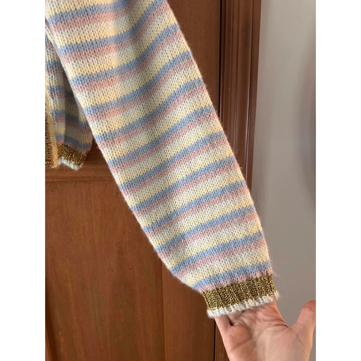 NWT Jessie Liu Wool Blend Knit Cardigan Sweater Metallic Trim Women’s Medium Gold - Image 3