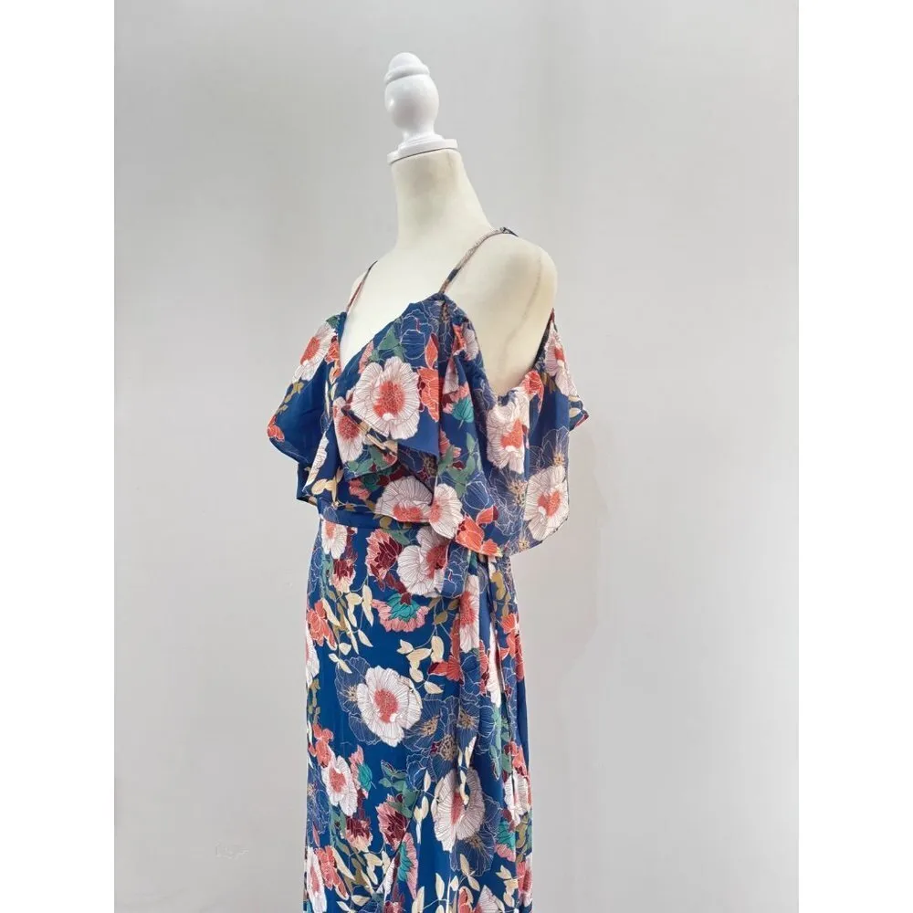 Fully Bloomed Lulus Blue Floral Print Off-the-Shoulder Maxi Wrap Dress size m - Image 4
