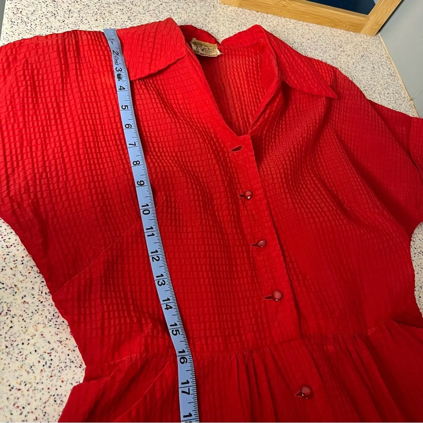 Vintage 1940s Gail Whitney Button Up Midi Dress Sheer Textured Cherry Red Size 6 - Image 9