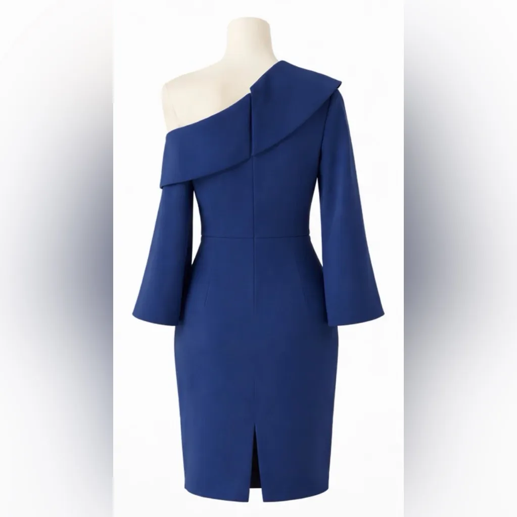 Badgley Mischka Navy Asymmetrical One-Shoulder Long Sleeve Cocktail Dress Size 4 - Image 7