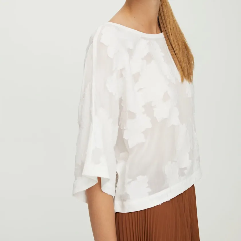 Wilfred Blayze T-shirt Sheer White Floral Boxy‎ Dolman Sleeves Cropped Blouse XS - Image 2