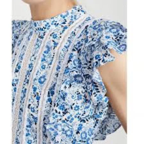 Veronica Beard Blue and White Floral Cotton Blouse Size 4 EUC - Image 3