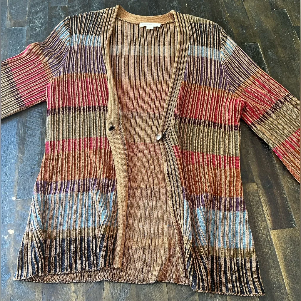 COLDWATER CREEK Brown Orange Rayon Stripe Button Cardigan Sweater Women’s Medium - Image 10