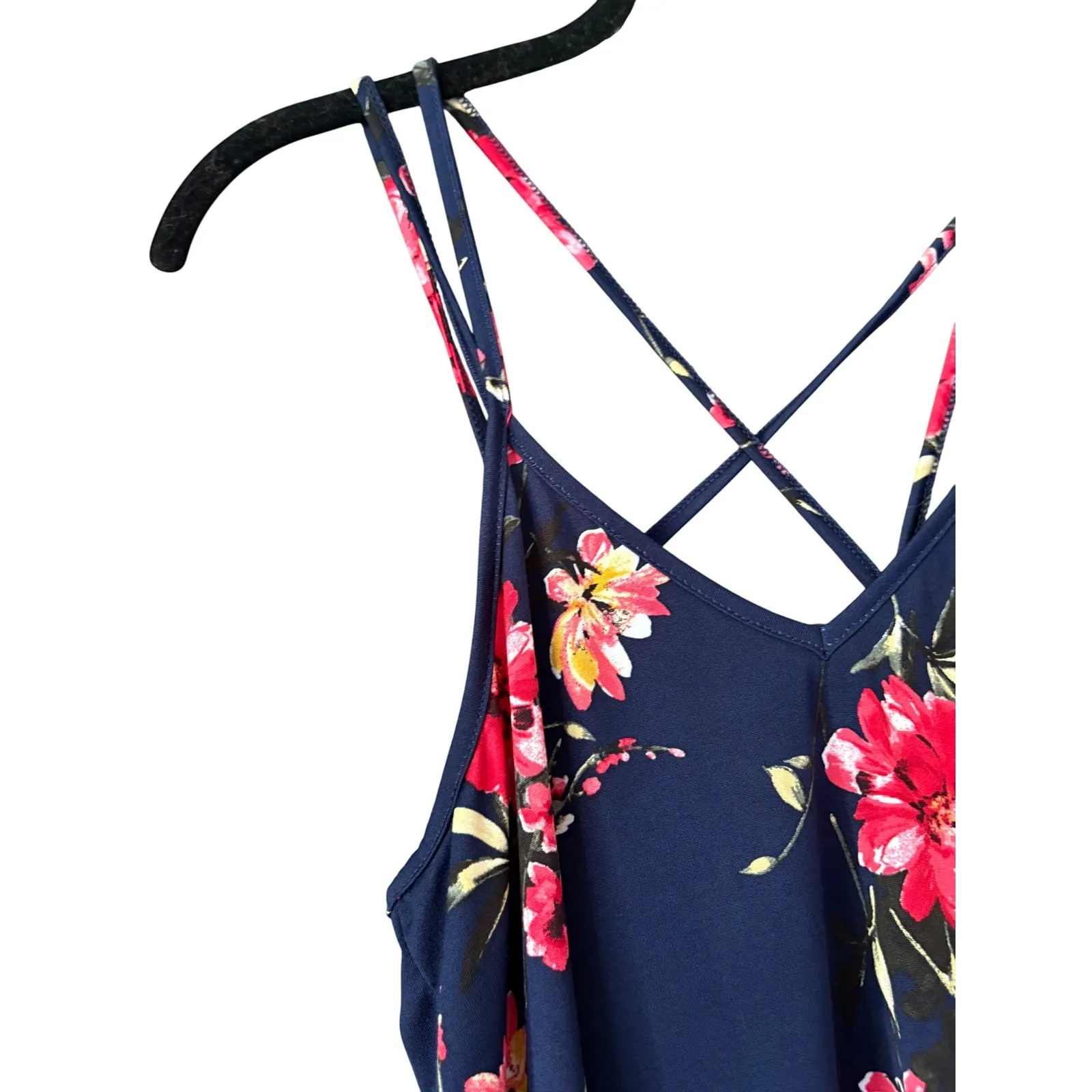 Floral Cami Top‎ Navy Blue Pink Sleeveless Criss Cross Back Casual Tank - Image 4