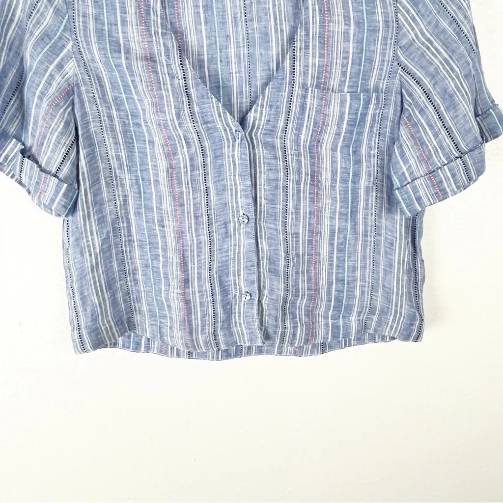 PARKER 100% Linen Striped Shirt Sleeves Three Button Chest Pocket Boxy Top Small - Image 7